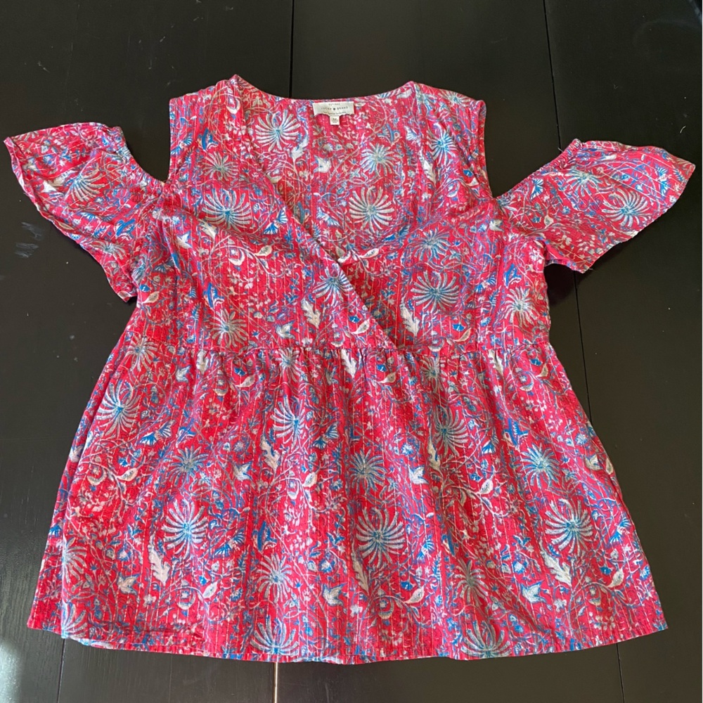 Lucky Brand 98% Cotton Printed Cold Shoulder Top with Peplum Size Medium